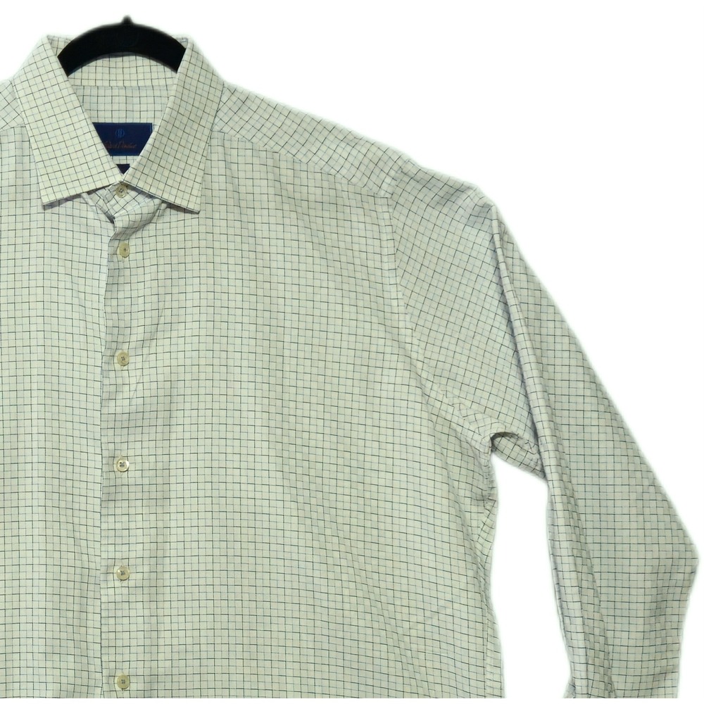 David Donahue Dress Shirt Mens 18 34/35 White Blue Tattersall Check Trim Fit